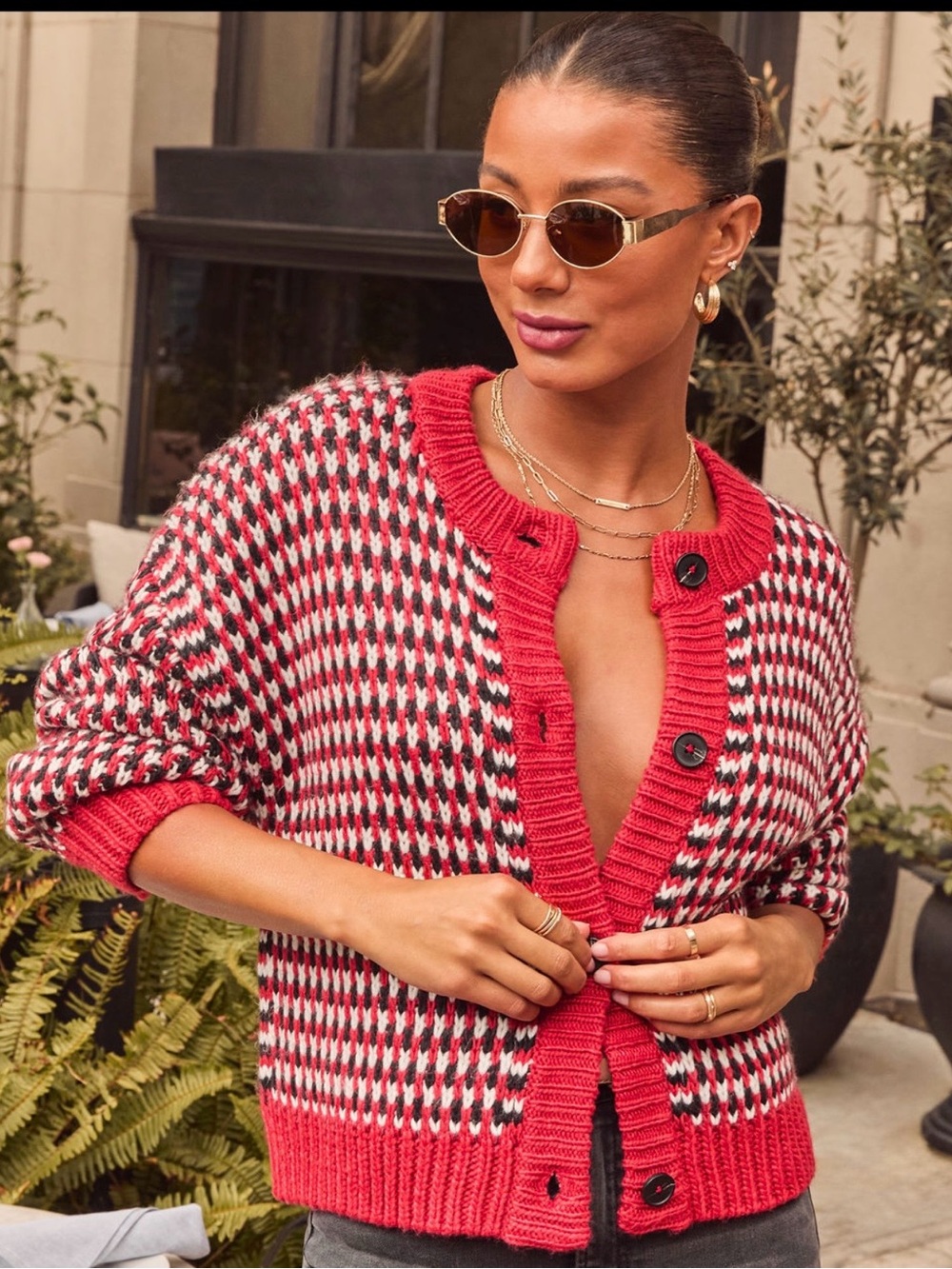 Vici Red Black White Houndstooth Knit Cardigan